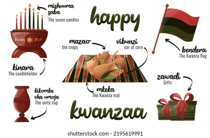 Kwanzaa Party Celebration Decor Elements. Mazao, Vibunzi, Zawadi, Mkeka, Kinara, Flag, Gifts, Cup, Candles. For Poters, Flyers, Web Designs.