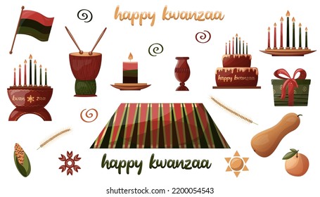 Kwanzaa party celebration decor elements. Mazao, vibunzi, zawadi, mkeka, kinara, flag, gifts, cup, candles, mat, pumpkin. For poters, flyers, web designs.