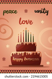 Kwanzaa party celebration poster or card. With kwanza cake, seven candle, ethnical, traditional ornament. Greeting card design. For poters, flyers, web designs.