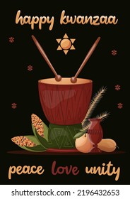 Kwanzaa party celebration poster or card. With kwanza cake, seven candle, ethnical, traditional ornament. Greeting card design. For poters, flyers, web designs.