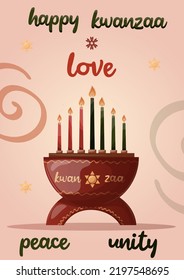 Kwanzaa party celebration poster or card. With kwanza cake, seven candle, ethnical, traditional ornament. Greeting card design. For poters, flyers, web designs.