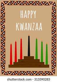 Kwanzaa postcard with a seven candles candlestick, African ornate frame and text Happy Kwanzaa