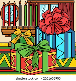 Kwanzaa Presents and Kinara Colored Cartoon