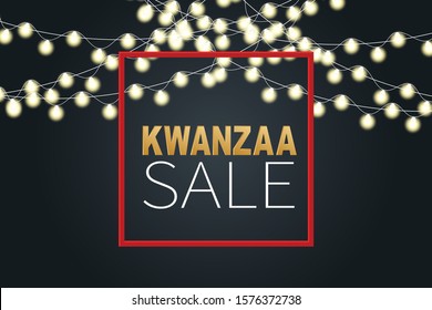 Kwanzaa sale background design. Traditional holiday concept. Garland, red frame, and golden lettering. Vector illustration.