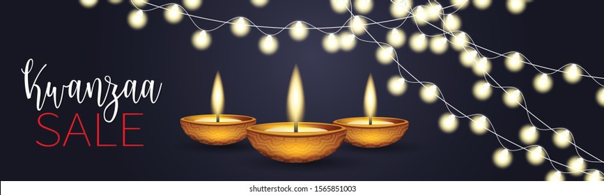 Kwanzaa sale banner. Website or newsletter header. Traditional holiday design concept with glowing lights garland and candles. Vector illustration.