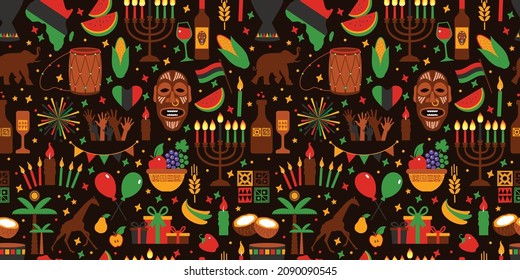 Kwanzaa seamless pattern of Africa with traditional colored and symbols. Brown exotic background.