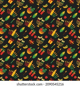 Kwanzaa seamless pattern of Africa with traditional colored and symbols. Black exotic background.