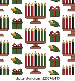 Kwanzaa seamless pattern background in Modern flat style with Kinara candle holder, corn, gift icon. Vector wallpaper design, wrapping paper, print, textile design, repeat texture.