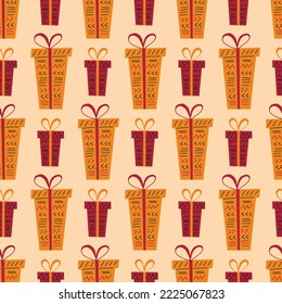 Kwanzaa seamless pattern background in simple hand drawn style with gift boxes decorated with ribbon, bow, paper with tribal ethnic ornaments - lines, triangles. Kwanzaa presents Zawadi cute vector