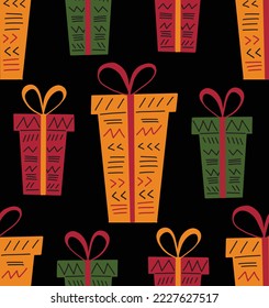 Kwanzaa seamless pattern background in simple hand drawn style with gift boxes decorated with ribbon, bow, paper with tribal ethnic ornaments - lines, triangles. Kwanzaa presents Zawadi cute vector