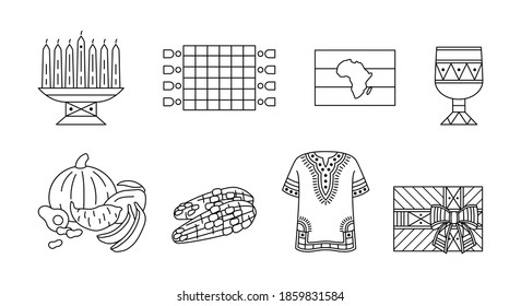 Kwanzaa - Set of outline icons. Traditional symbols of african-american unity. Kinara, Mkeka mat, goblet Kikombe Cha Umoja, Dashiki shirt, kente style giftbox. Design element for Kwanza celebration