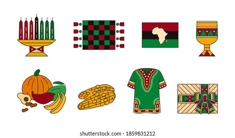 Kwanzaa - set of solid icons in bright colors. Traditional symbols of african-american unity. Kinara, Mkeka mat, Dashiki shirt, kente style giftbox. Design element for Kwanza celebration