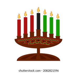 Kwanzaa Seven Candles In Candle Holder Isolated. African Holiday Symbol With Ornament Decor. Vector Flat Illustration.