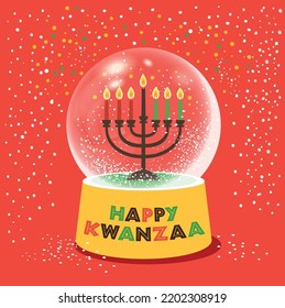 Kwanzaa seven candles in candle holder kwanaa candlestick in a Christmas ball with snow African holiday symbol . Vector flat illustration.