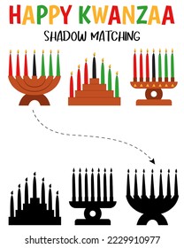 Kwanzaa shadow matching activity for children. Winter puzzle with kinara. New Year african educational game for kids. Find the correct silhouette printable worksheet.