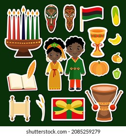 Kwanzaa stickers patches badges set. African American holiday festival collection clip art hand drawing style with kinara, tribal masks, drum. Vector illustration