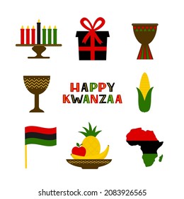 Kwanzaa symbols icon set. African American holiday. Vector elements of design for celebration poster, banner, greeting card, sticker, flyer, etc.