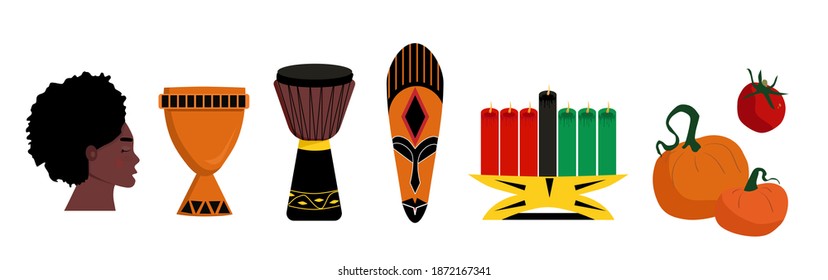 Kwanzaa symbols and ideas.Seven candles kinara and lighting ceremony (Mishuma Saba).Unity cup and mask.Celebration poster.Festival of African-American culture and harvest traditions.New year holiday.