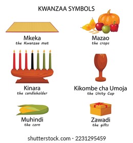 Kwanzaa symbols. Mazao, zawadi, mkeka, kinara,  gifts, cup, candles. For posters, flyers, web designs.