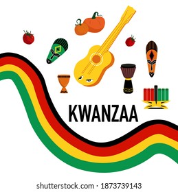 Kwanzaa symbols in national colours.Seven candles kinara and lighting ceremony.Unity cup,mask.Celebration poster.Festival of African and American culture and harvest traditions