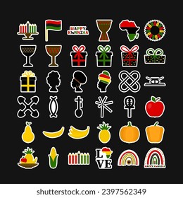 Kwanzaa symbols sticker set. African American holiday. Vector elements of design for celebration poster, banner, greeting card, sticker, flyer, etc