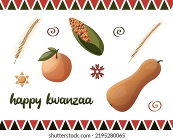 Kwanzaa  Vector Celebration Vegetables And Fruits. Pumpkin, Orange, Corn, Wheat. Kwanza Traditional Elements Decor For Party. Isolated Vector Illustration For Poster, Banner, Cover, Menu.