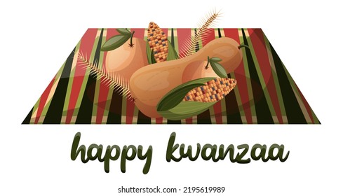 Kwanzaa  vector celebration vegetables and fruits. Pumpkin, orange, corn, wheat and a kwanza carpet. Kwanza traditional elements decor for party. Isolated vector illustration for poster, banner, cove