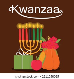 Kwanzaa vector flat illustration on brown background with pumpkin, apple and giftbox. Greeting card for African-American holiday. 