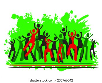 Kwanzaa vector illustration. Green, red, black people silhouettes. Happy people jumping. Community concept. Bright green paint with splash of color as background. Eps 10. Isolated on white.