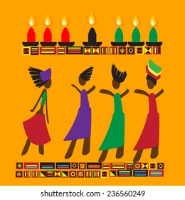 Kwanzaa vector illustration. People silhouettes as Family or Community. 7 candles (Mishumaa Saba) as symbol of Seven Principles of Kwanzaa, or Nguzo Saba. Decorative ornament. Kwanzaa poster.