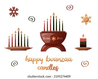 Kwanzaa  Vector Red, Black And Green Celebration Candle Holder With Seven Candles. Kwanza Traditional Party Decor, Element For Party. Isolated Vector Illustration For Poster, Banner, Cover, Menu.
