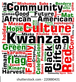 Kwanzaa word cloud: Infographic shows in words (also in Swahili ) the colors, principles, concepts, and symbols of the African American holiday. 