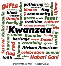 Kwanzaa word cloud. Vector illustration with principles and terms for Kwanzaa celebration - African American heritage holiday. 