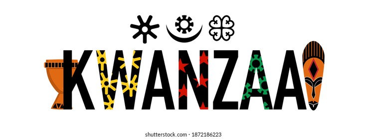 Kwanzaa word with symbols and attributes.Unity cup and ethnic mask.Principles signs and amulets.Celebration poster.Festival of African-American culture and harvest.New year holiday.Horizontal banner