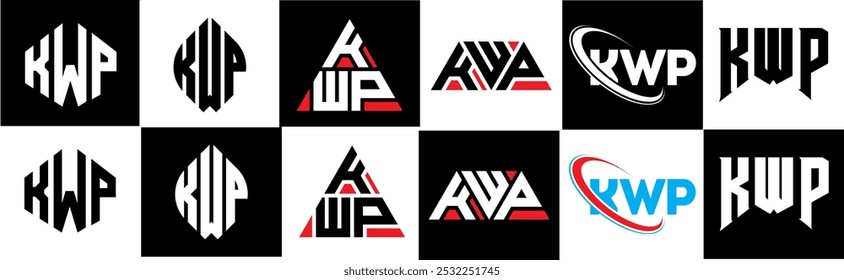 KWP letter logo design in six style. KWP polygon, circle, triangle, hexagon, flat and simple style with black and white color variation letter logo set in one artboard. KWP minimalist and classic logo