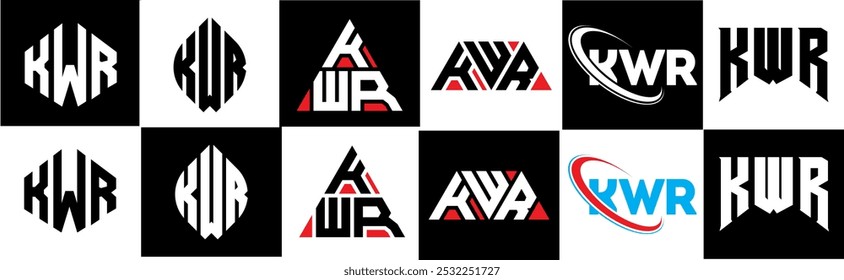 KWR letter logo design in six style. KWR polygon, circle, triangle, hexagon, flat and simple style with black and white color variation letter logo set in one artboard. KWR minimalist and classic logo