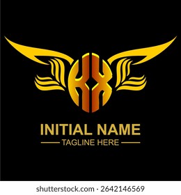 KX Golden Wing Emblem Logo with elegant gold wings, sleek and modern design. Ideal for branding, creative projects, luxury businesses, or artistic ventures.