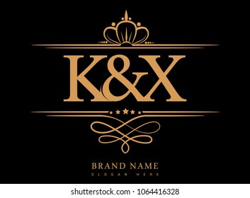 K&X Initial logo, Ampersand initial logo gold with crown and classic pattern