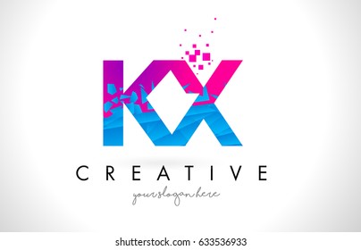 KX K X Letter Logo with Broken Shattered Blue Pink Triangles Texture Design Vector Illustration.