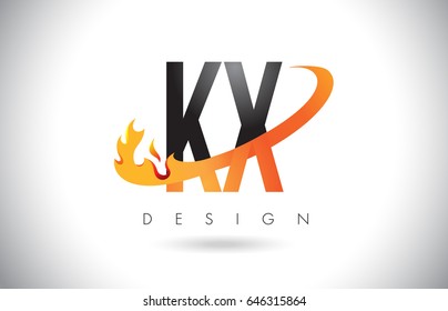 KX K X Letter Logo Design with Fire Flames and Orange Swoosh Vector Illustration.