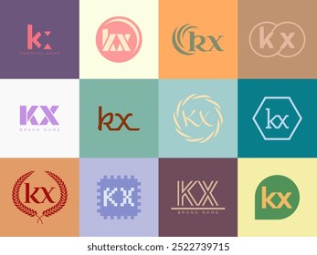 KX logo company template. Letter k and x logotype. Set different classic serif lettering and modern bold text with design elements. Initial font typography. Collection trendy business identity.