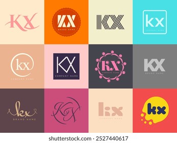 KX logo company template. Letter k and x logotype. Set different classic serif lettering and modern bold text with design elements. Initial font typography. Collection trendy business identity.