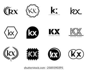 KX logo company template. Letter k and x logotype. Set different classic serif lettering and modern bold text with design elements. Initial font typography. Collection trendy business identity.