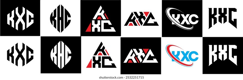 KXC letter logo design in six style. KXC polygon, circle, triangle, hexagon, flat and simple style with black and white color variation letter logo set in one artboard. KXC minimalist and classic logo