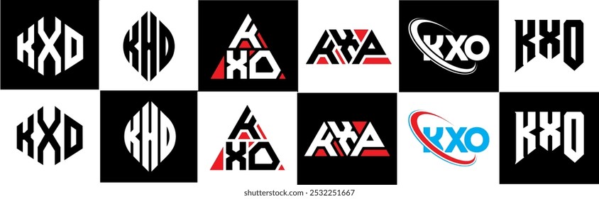 Projeto do logotipo da letra KXO em estilo seis. Polígono KXO, círculo, triângulo, hexágono, estilo simples e plano com logotipo de letra de variação de cor preto e branco definido em uma prancheta. Logotipo minimalista e clássico do KXO