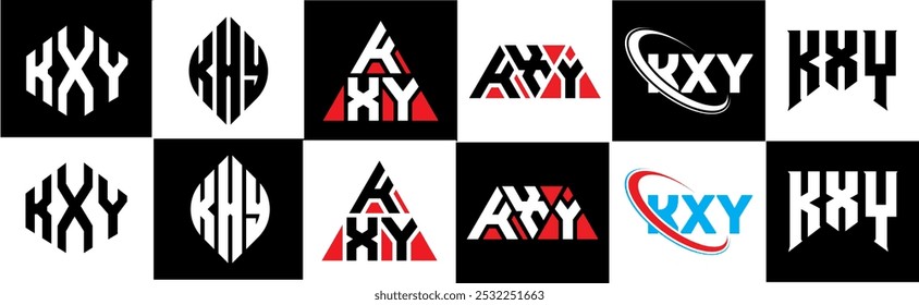 KXY letter logo design in six style. KXY polygon, circle, triangle, hexagon, flat and simple style with black and white color variation letter logo set in one artboard. KXY minimalist and classic logo
