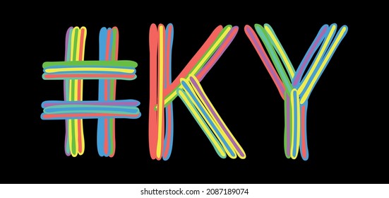 KY Hashtag. Multicolored bright isolate curves doodle letters like from marker, oil paint. #KY is abbreviation for the USA state Kentucky for social network, web resources, mobile apps.