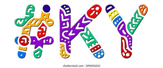 KY Hashtag. Multicolored bright isolate curves doodle letters. Hashtag #KY is abbreviation for the US American state Kentucky for social network, web resources, mobile apps.