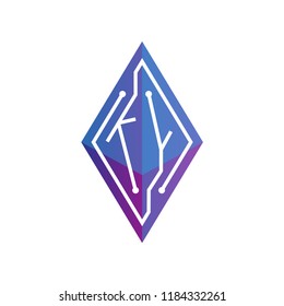 KY Initial letter block chain logo icon vector template. Looping mono line circuit letter on rhombus cube logo