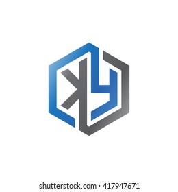 KY initial letters looping linked hexagon logo black gray blue